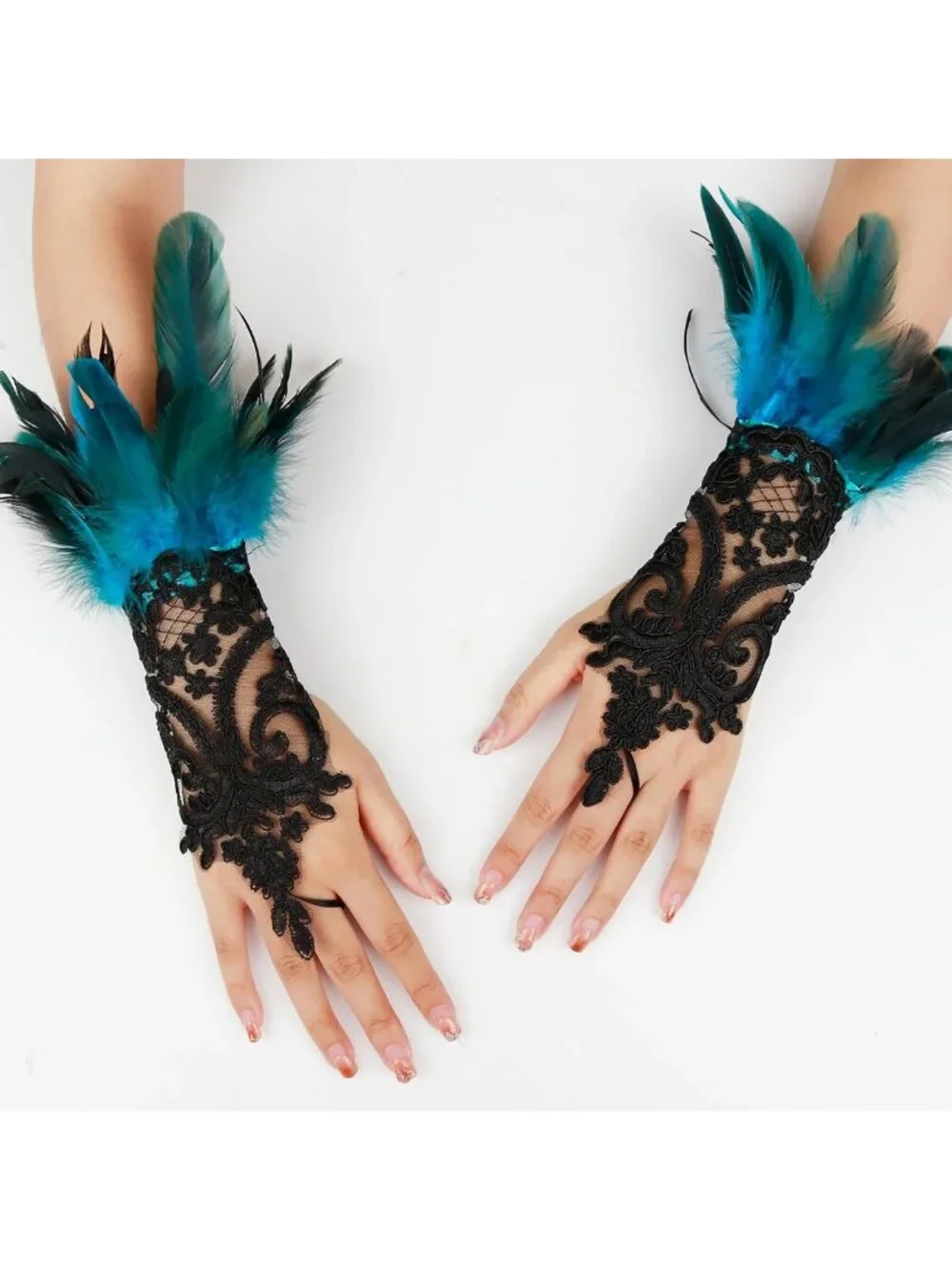 Gothic Black Lace Feather Long Gloves for Women - Halloween Witch Costume